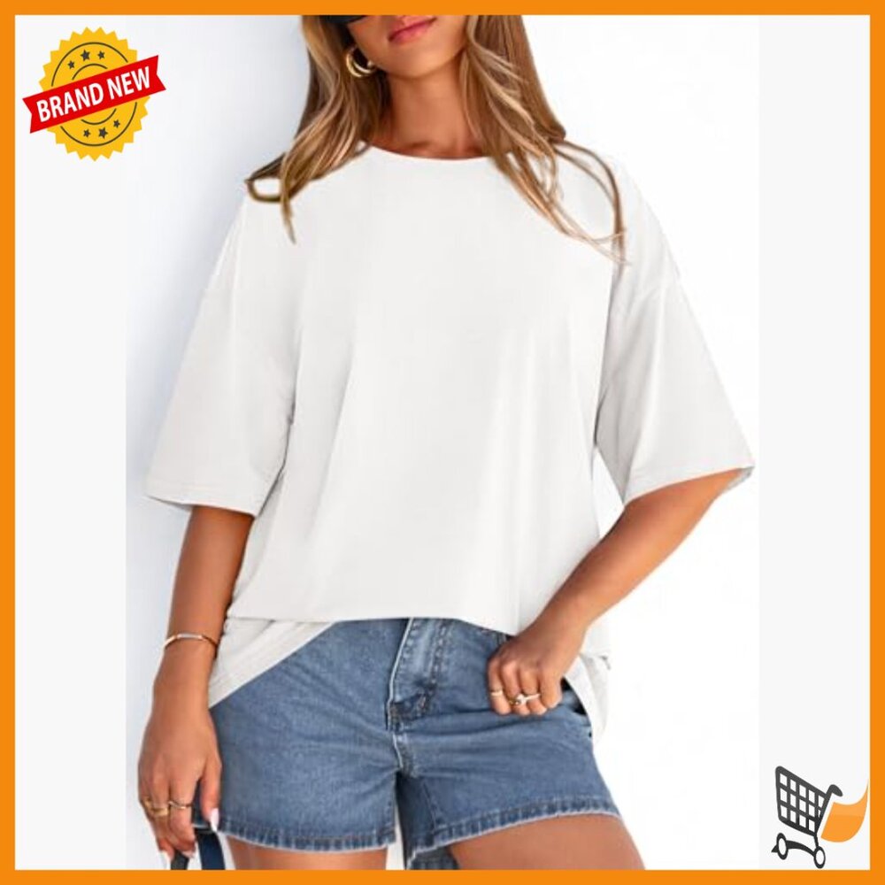 Oversized Short Sleeve Crewneck T-Shirt Loose Fit Cotton Blend - Picture 2 of 7
